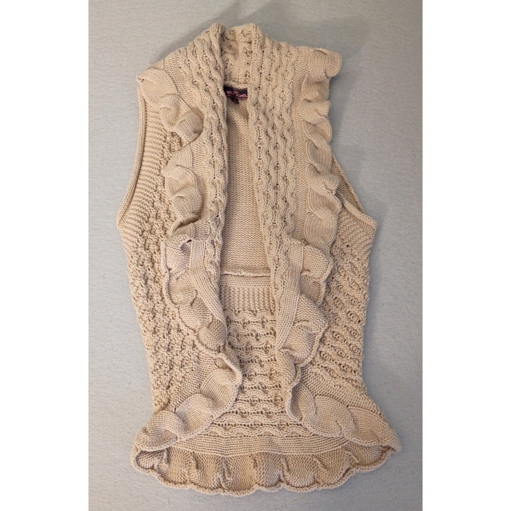 Almost Famous Tan Crochet Knit Open Front Cardigan Womens Sleeveless Sz M, Y2k